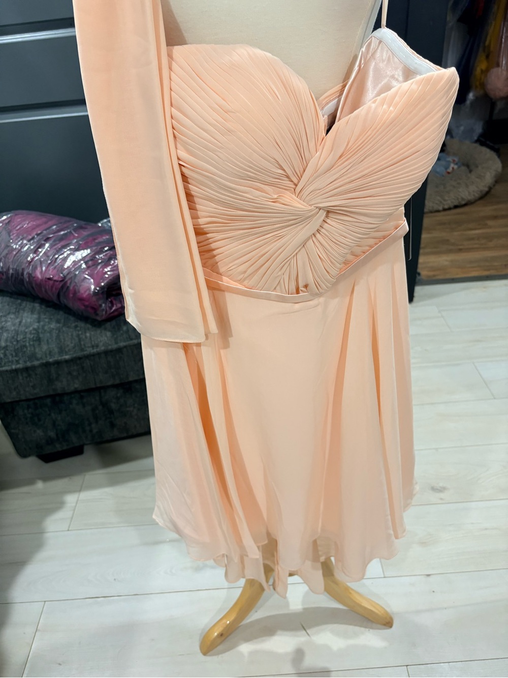 Cinderella Strapless Peach Chiffon Twist-Bodice Dress
